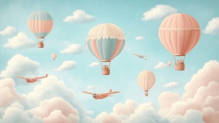 Obraz premium Vintage hot air balloons, planes soar through pastel sky filled with fluffy clouds. People enjoy whimsical journey. Soft colors, retro style create dreamy, childlike atmosphere. Perfect for kids room