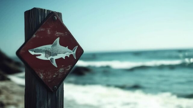 Red warning sign with shark symbol near ocean waves. Beach safety and marine life awareness