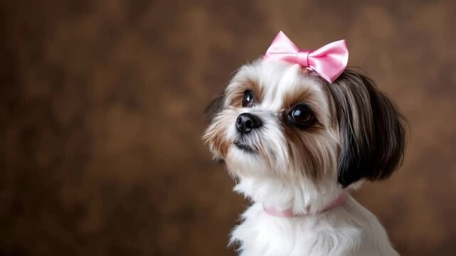 Shih tzu dog with pink bow and collar against brown background. Pet fashion and grooming concepts