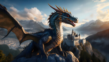 colossal, ancient dragon perches on a mountaintop, with a vast, sprawling fantasy world visible in the background, emphasizing the creature's majesty and power, rendered in a detailed