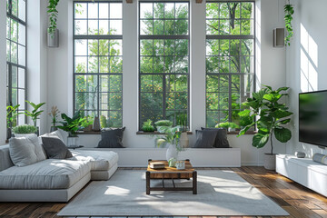 Fototapeta premium Gray sofa with coffee table and television placed next to bright window in living room at modern white house.. 