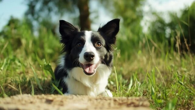 Border collie smiling through grass in summer meadow