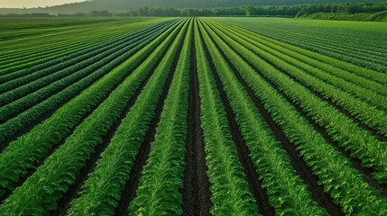 Green crops arranged in neat rows. Crop rotation technique visible. Healthy soil, sustainable agriculture practices evident. Wide open fields show agricultural landscape. Planted rows alternate to