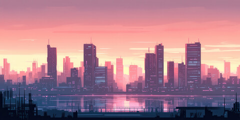 Obraz premium City skyline silhouette at dusk with colorful gradient sky.