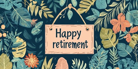 Colorful Tropical Leaves and Flowers Surround a Sign Wishing Happy Retirement, Creating a Cheerful and Festive Atmosphere for a Jubilant Celebration