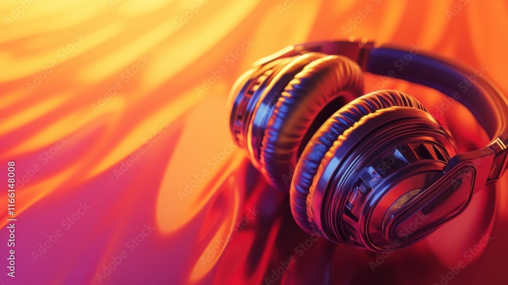 Poster close up of sleek headphones showcasing vibrant colors and intricate design on a modern surface. gen
