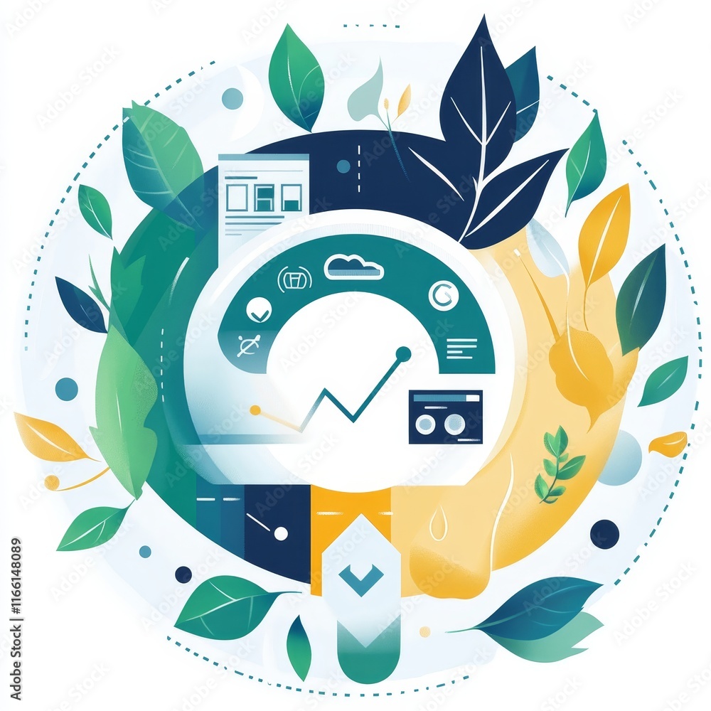 Poster visual representation of growth and analytics with nature-inspired design featuring various graphs a