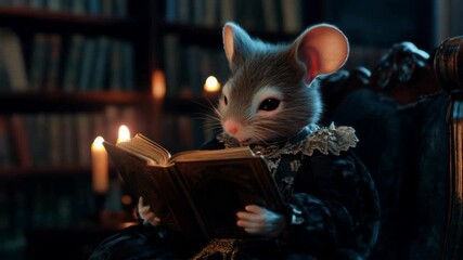 Mouse reading book by candlelight in library with glasses. Fantasy and education content