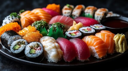 A beautifully arranged sushi platter featuring colorful nigiri, sashimi, and maki rolls, garnished with pickled ginger, wasabi, and soy sauce on the side.