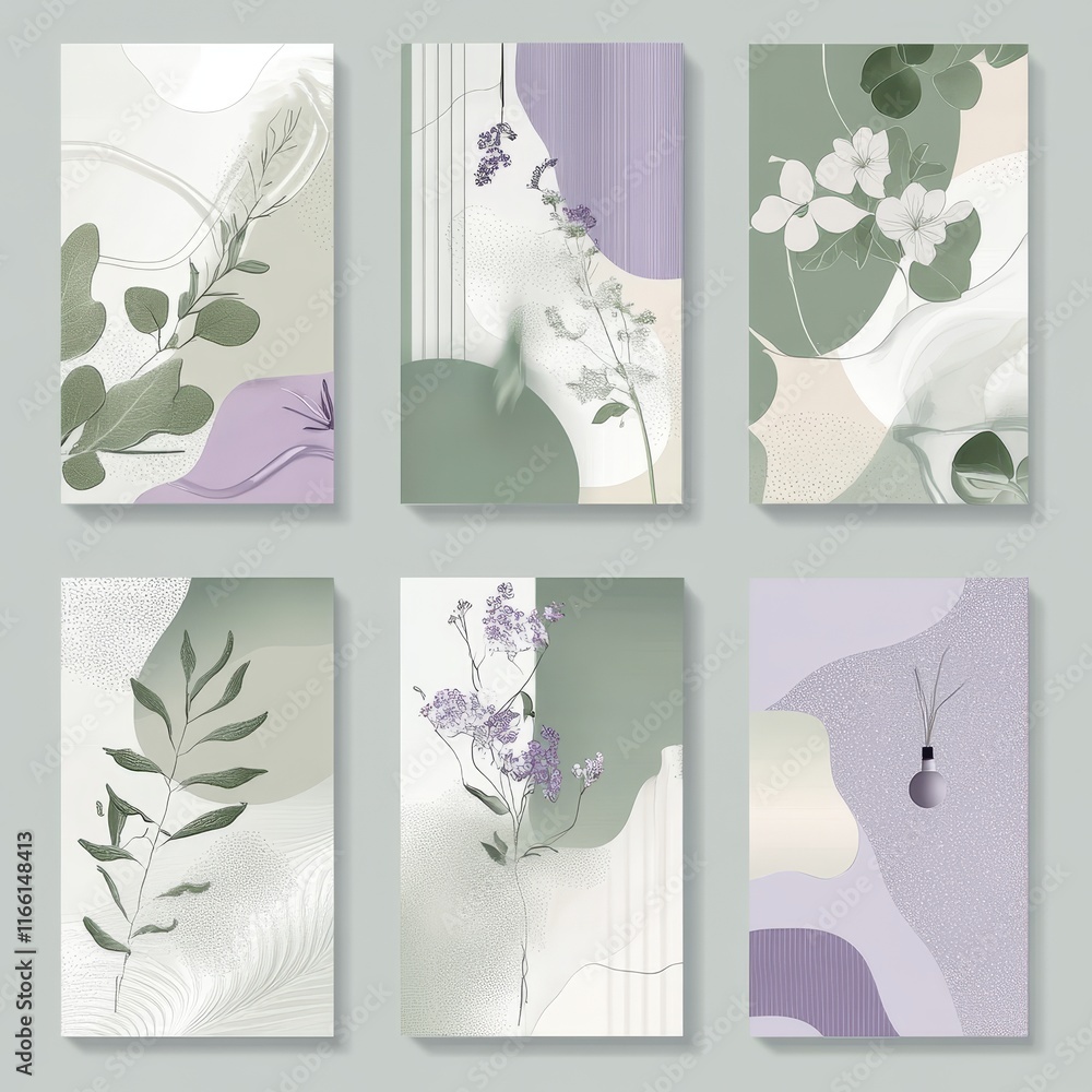Poster artistic display of abstract floral designs in muted colors arranged harmoniously against a soft gra