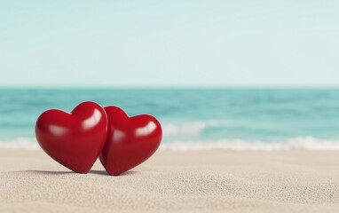 Fototapeta premium 3D two red hearts on the sand beach with an ocean background, romantic travel. Copy space.