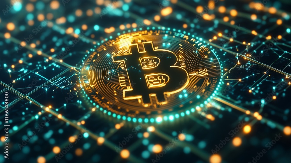 Aufkleber 3d rendering of golden bitcoin coins on a digital background with glowing lights.