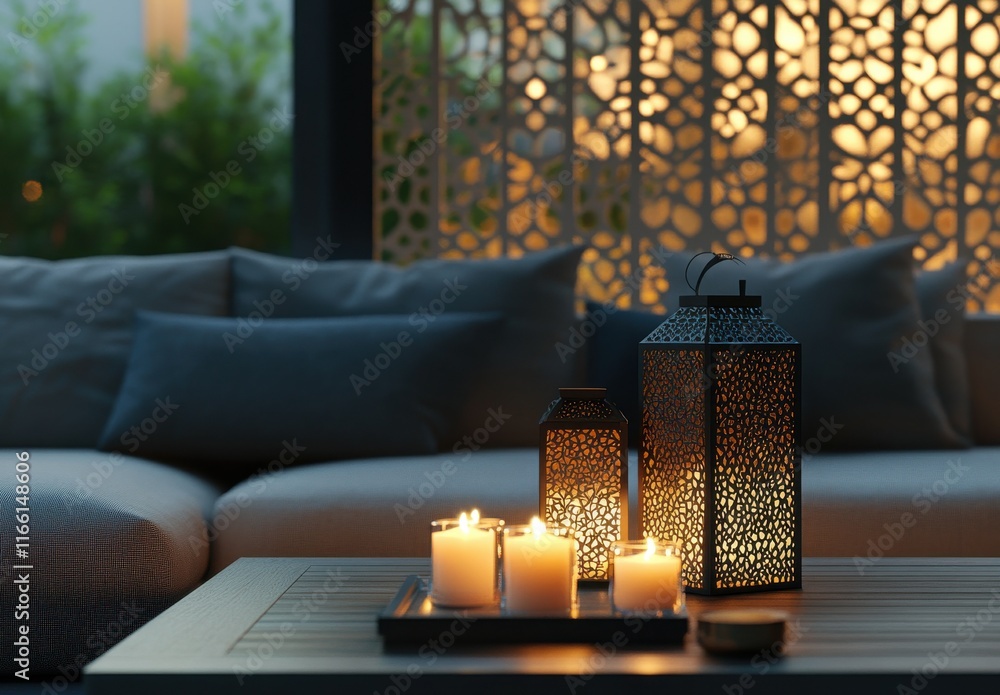 Poster cozy and inviting living room with elegant lanterns and soft candlelight casting warm glow on a styl