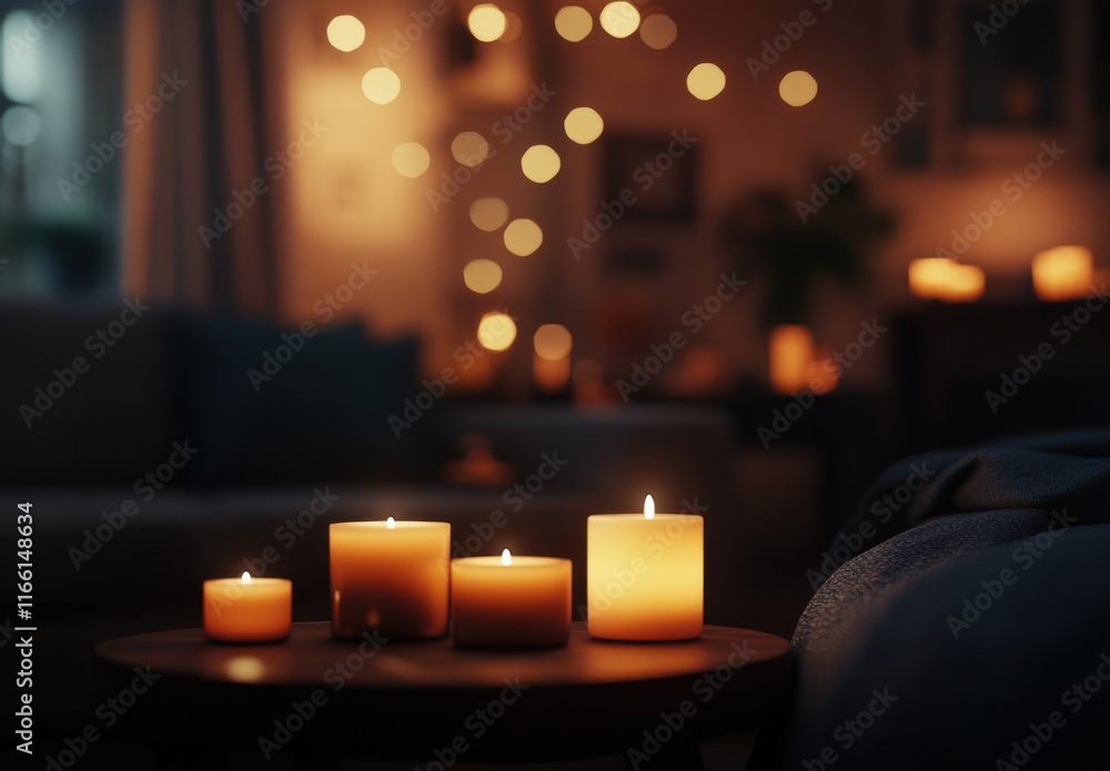 Poster cozy and warm atmosphere with softly glowing candles on a table surrounded by blurred lights and a c