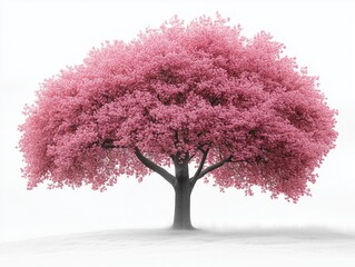 Obraz premium A spring time cherry blossom tree with pink flowers in full bloom, against a white background.