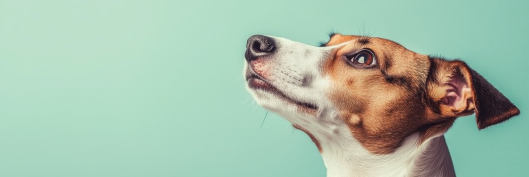 Cute dog looking up, isolated over a pastel green background with copy space, web banner.