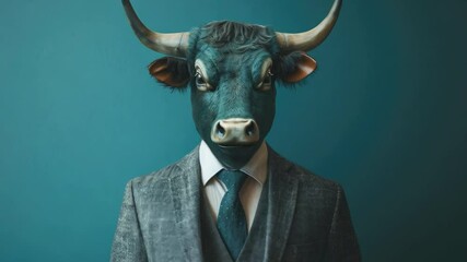 A powerful and enigmatic portrait of a businessman wearing a bull's head mask, set against a striking teal backdrop. The image evokes themes of power, ambition. - Powered by Adobe