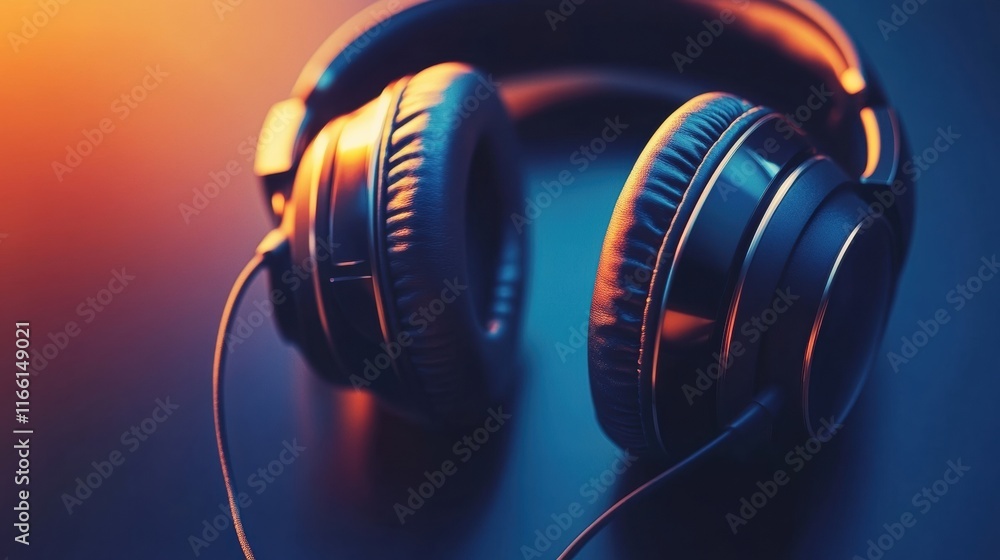 Poster close up view of sleek headphones showcasing modern design features against a softly lit background.