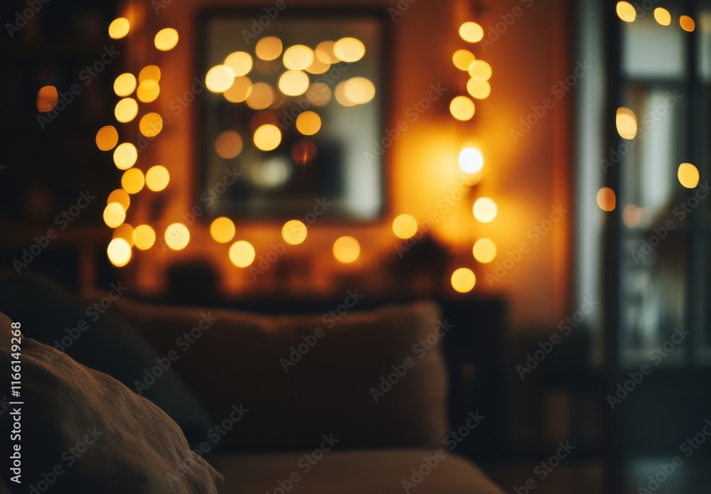 Poster cozy living room with soft lighting and bokeh effect, creating a warm and inviting atmosphere perfec