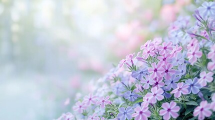 Obraz premium High angle view of vibrant flowers. Pink, light purple creeping phlox blooms create beautiful floral display. Colorful flowers, green leaves form beautiful nature background. Summer scene outdoors.