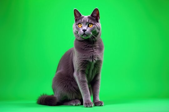 Elegant Chartreux Cat with Golden Eyes on Green Screen Background for Easy Compositing