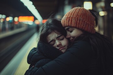 Emotional goodbye at the train station between two close friends during winter evening hours