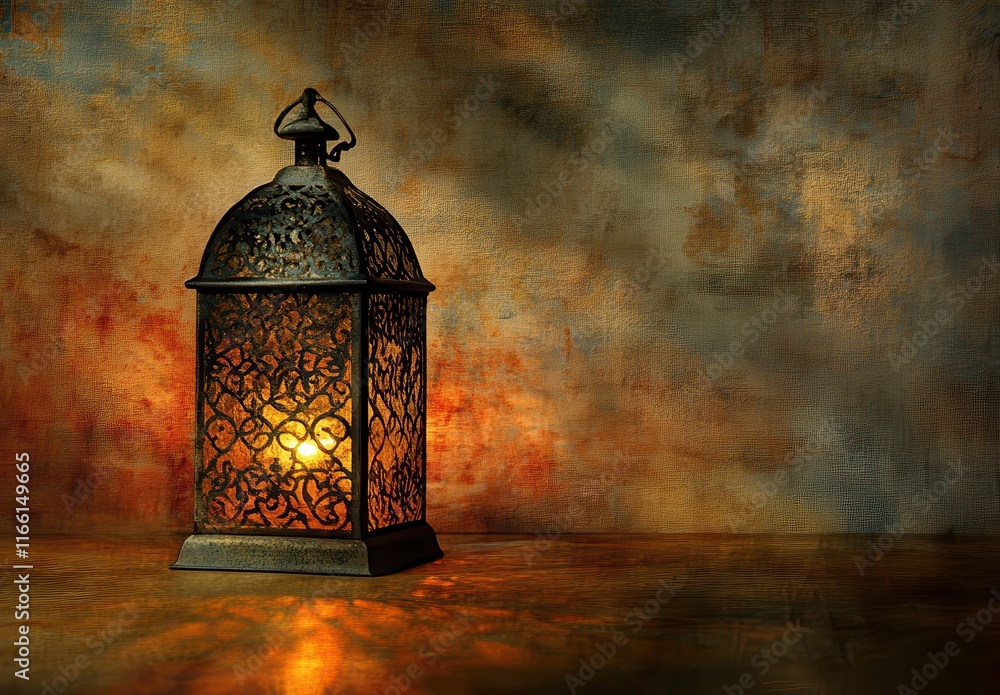 Poster decorative antique lantern casting a warm glow on a textured background, creating an inviting atmosp