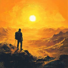 Hiker Gazes at a Breathtaking Sunset Over Mountainous Terrain, Capturing the Essence of Adventure and Exploration in Nature's Beauty