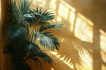 Tropical palm tree painted on light yellow wall. Sunlight casts shadows of leaves on wall. Window visible. Design simple yet elegant. Indoor decor. Home interior. Nature theme. Tropical style.