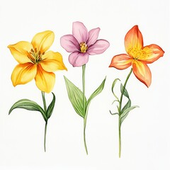 Naklejka premium Colorful Botanical Illustration of Three Distinct Flowers in Vibrant Hues Showcasing Nature's Beauty