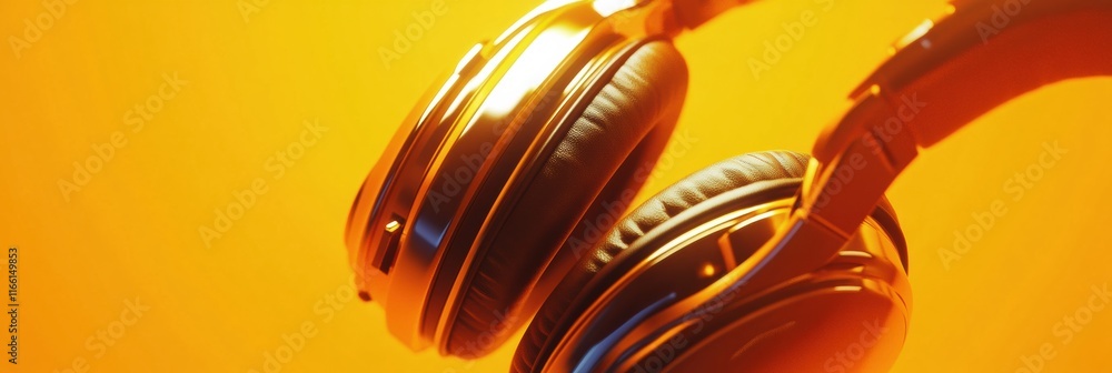 Poster close up view of stylish headphones showcasing sleek design and vibrant color against warm backdrop.