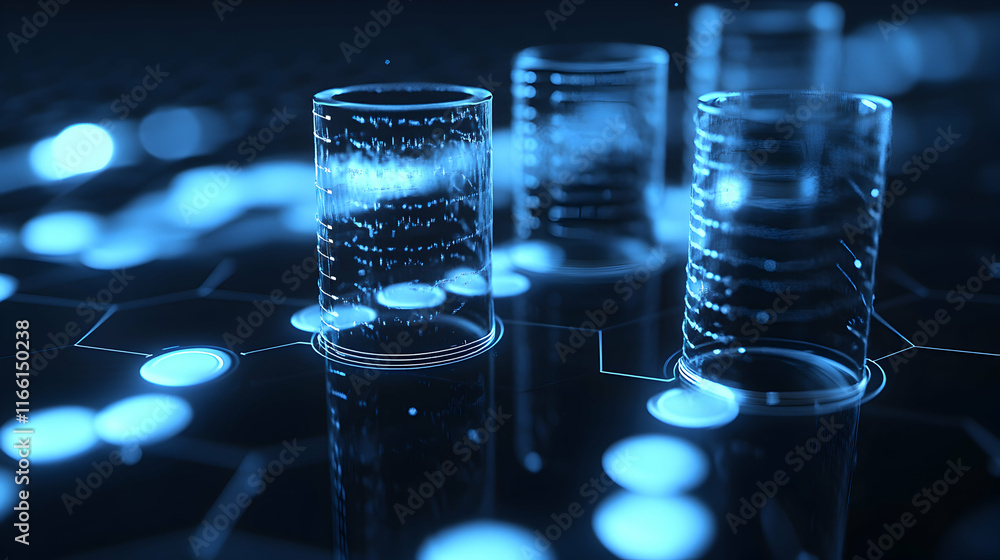 Poster abstract futuristic technology background with glowing glass cylinders containing digital data strea