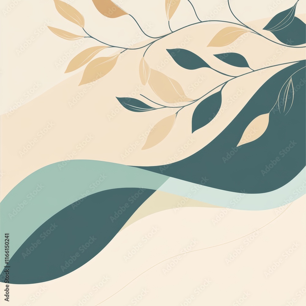 Poster abstract design featuring flowing shapes and elegant leaf patterns in earthy tones on a light backgr
