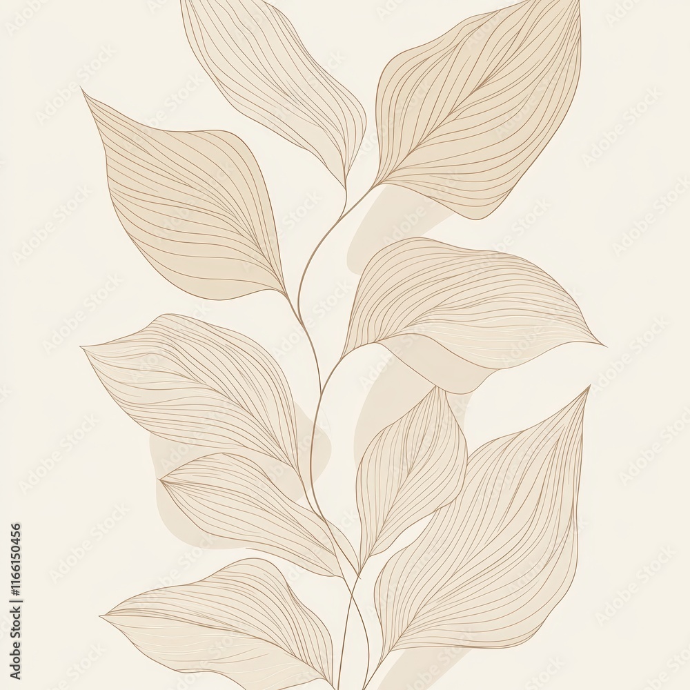 Poster leafy design with intricate line patterns in soft beige tones suitable for modern home decor or arti