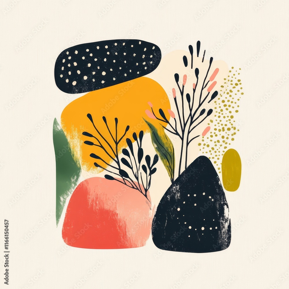 Poster abstract composition featuring colorful shapes and botanical elements in a modern artistic style