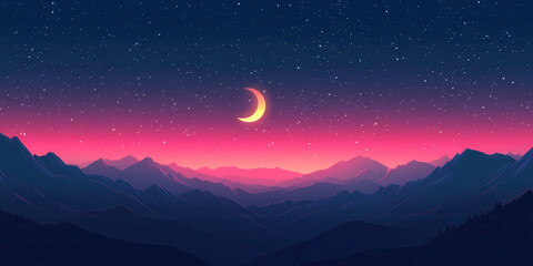 Serene mountain landscape under a starry night sky.