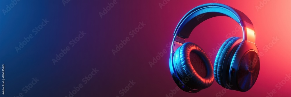 Poster close up view of stylish headphones showcasing vibrant colors and sleek design in a modern setting. 