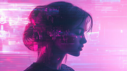 Silhouette of a woman with digital elements, modern art style.