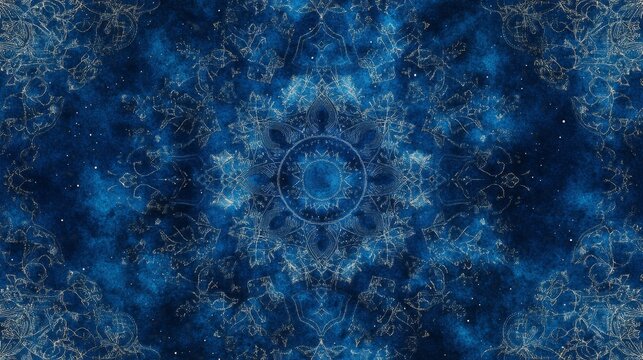 Seamless boho pattern with stars on a blue background for tarot, astrology. Magic cosmic sky, abstract esoteric ornament. Vector illustration.