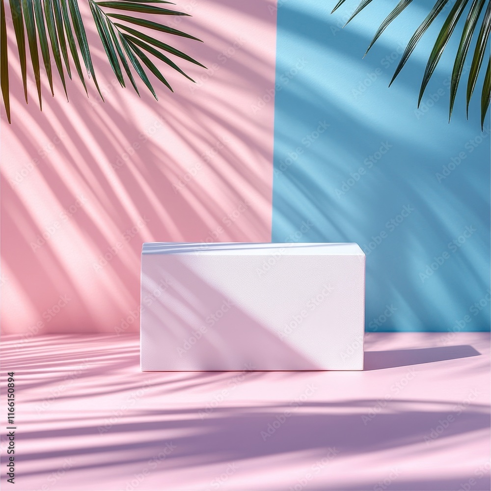 Poster minimalist setting featuring a blank canvas on a pastel-colored backdrop with vibrant palm leaves ca