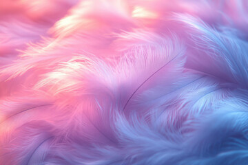 Soft pastel pink and blue feathers create a dreamy, ethereal background.