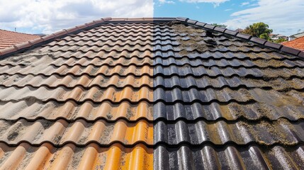Roof cleaning showing difference between wash and dirty mossy surface