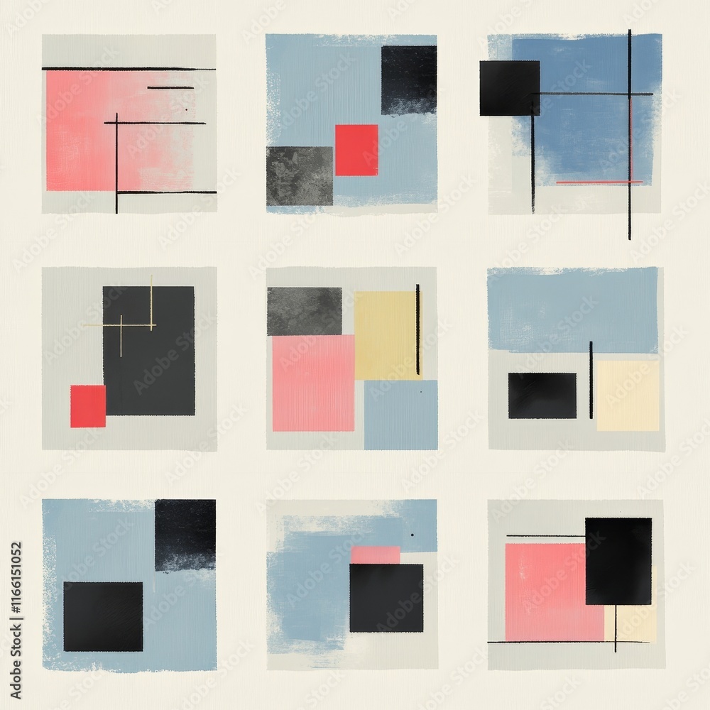 Poster colorful abstract composition with geometric shapes and contrasting colors displayed in a grid arran