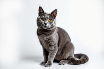 Elegant Chartreux cat with amber eyes on clean white background for digital and print projects