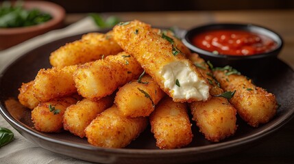 A plate of golden mozzarella sticks with a crispy coating and gooey melted cheese inside, served with a side of marinara sauce for dipping.