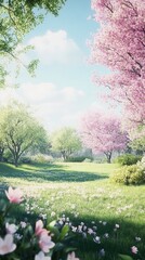 Blooming Cherry and Apple Trees Create a Vibrant Landscape in Spring With Bright Flowers and Lush Greenery Under a Clear Blue Sky