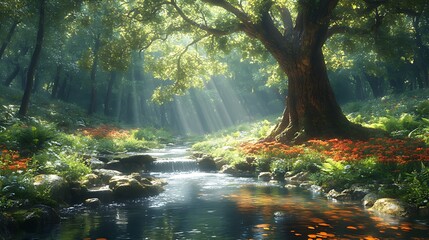 Sunbeams illuminate a serene forest stream flowing past a majestic tree and vibrant flowers.
