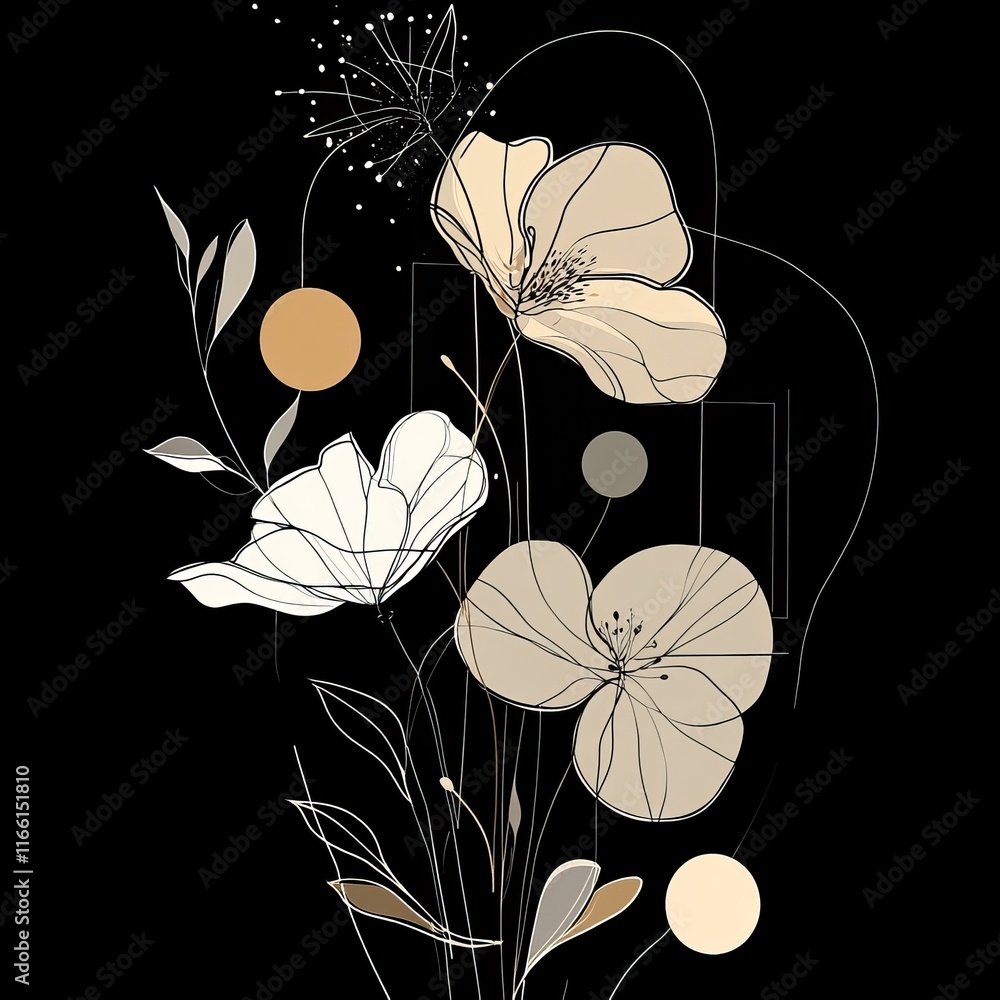 Poster elegant floral arrangement with minimalistic lines and abstract shapes on a dark background