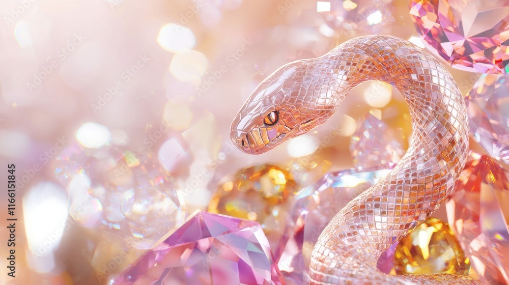 Poster elegant snake weaving through crystal array fantasy environment close-up view year of the snake conc