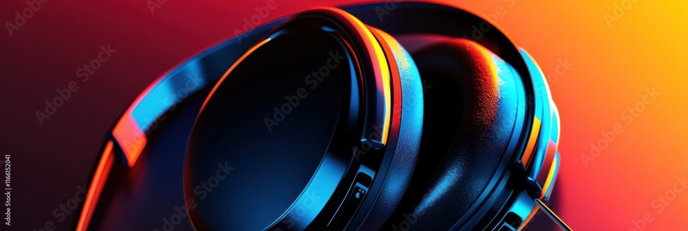 Poster close up view of modern headphones showcasing vibrant colors and sleek design in a dramatic lighting
